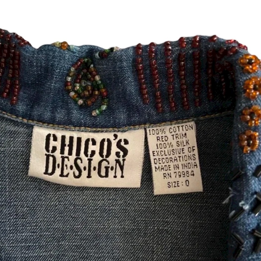 Chico’s Jean Jacket Denim Embroidered Friends Beaded Applique Button Up Small - Picture 3 of 15